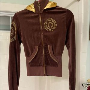 Bustop hooded velour bling jacket size S chocolate brown with gold